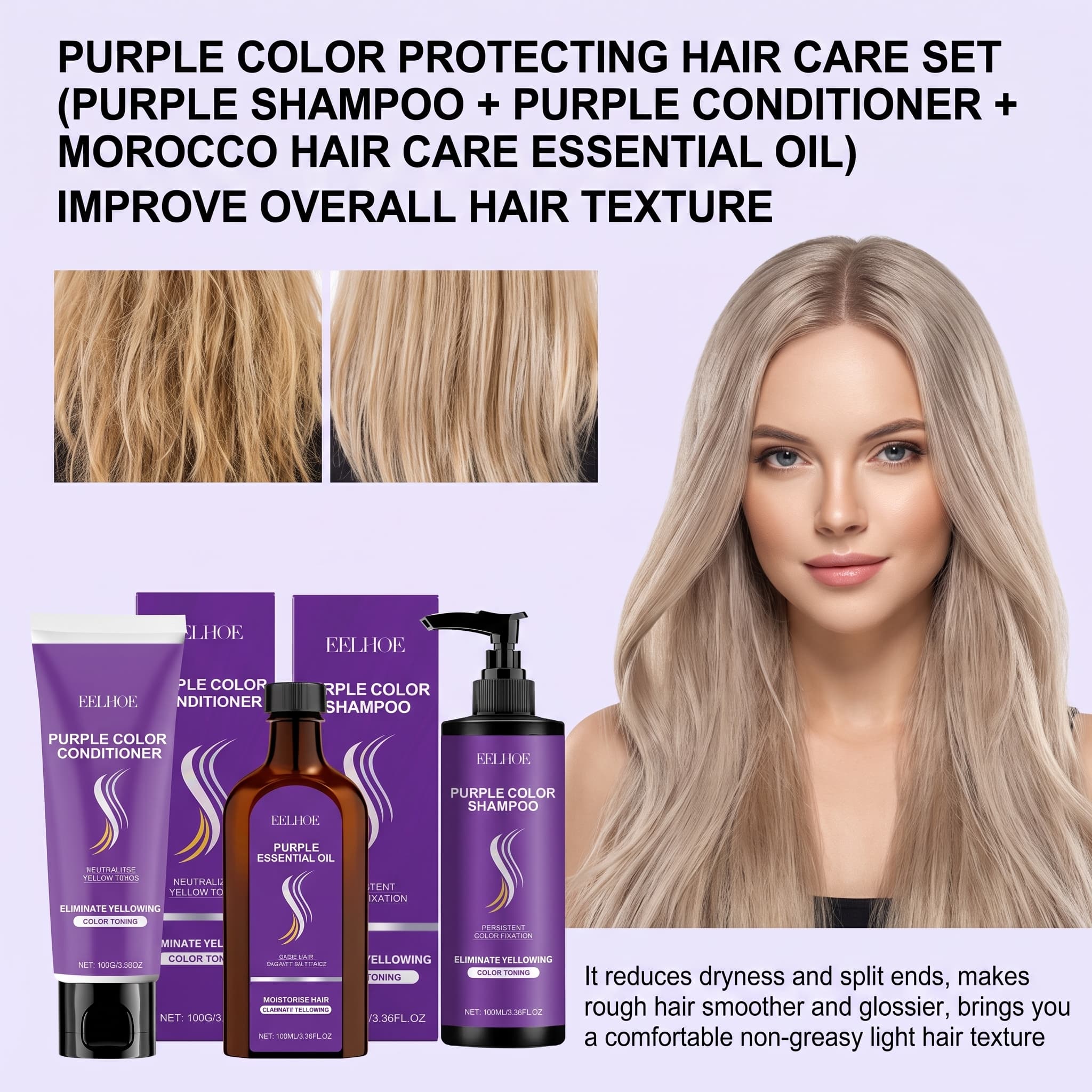 Hair Care Oil Serum - Zestaw szamponu fioletowego z odżywką, olejkiem